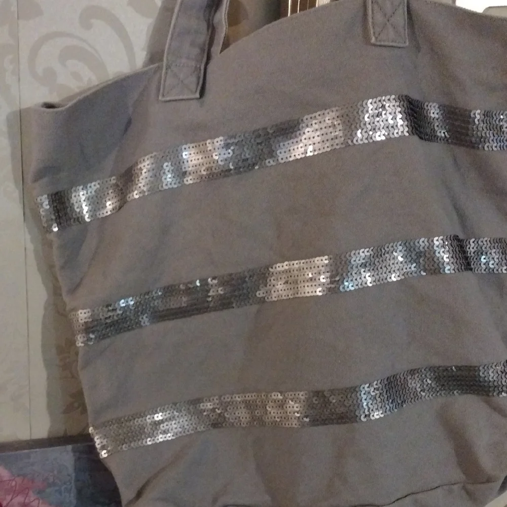 Silver and Gray Tote with Metallic Stripes - Picture 2 of 4